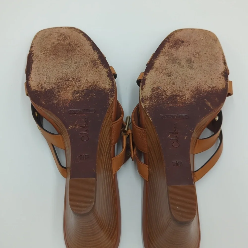 Cole Haan Whitney Wedge Leather Sandals 7.5B Brown Eyelet Strappy Slip On Women
